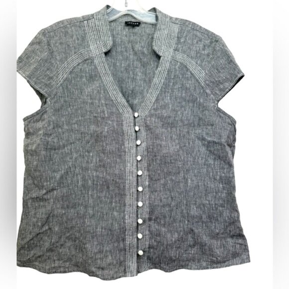 Jaeger Linen Top Button Up Cap Sleeves Jacket Minimalist Lightweight Neutral 14 - Picture 1 of 15